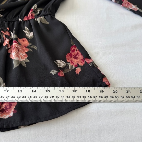 Stella Tweed 1/2 Zip Floral Long Sleeve Satin Peplum Blouse Black‎ Elastic Waist - Picture 15 of 16